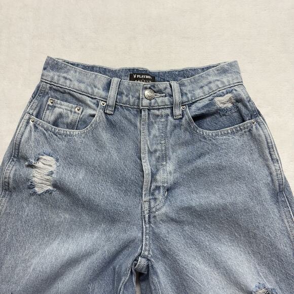 Pac Sun x Playboy Wide Leg Super Distressed Light Wash High Waist Jeans Size 24 - Picture 6 of 16